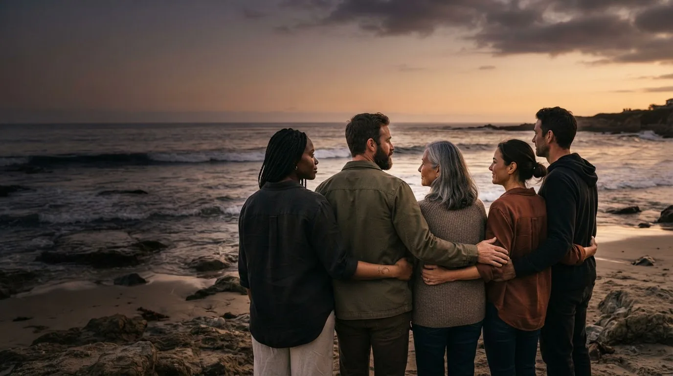 Five friends standing arm in arm on an ocean shore at dusk