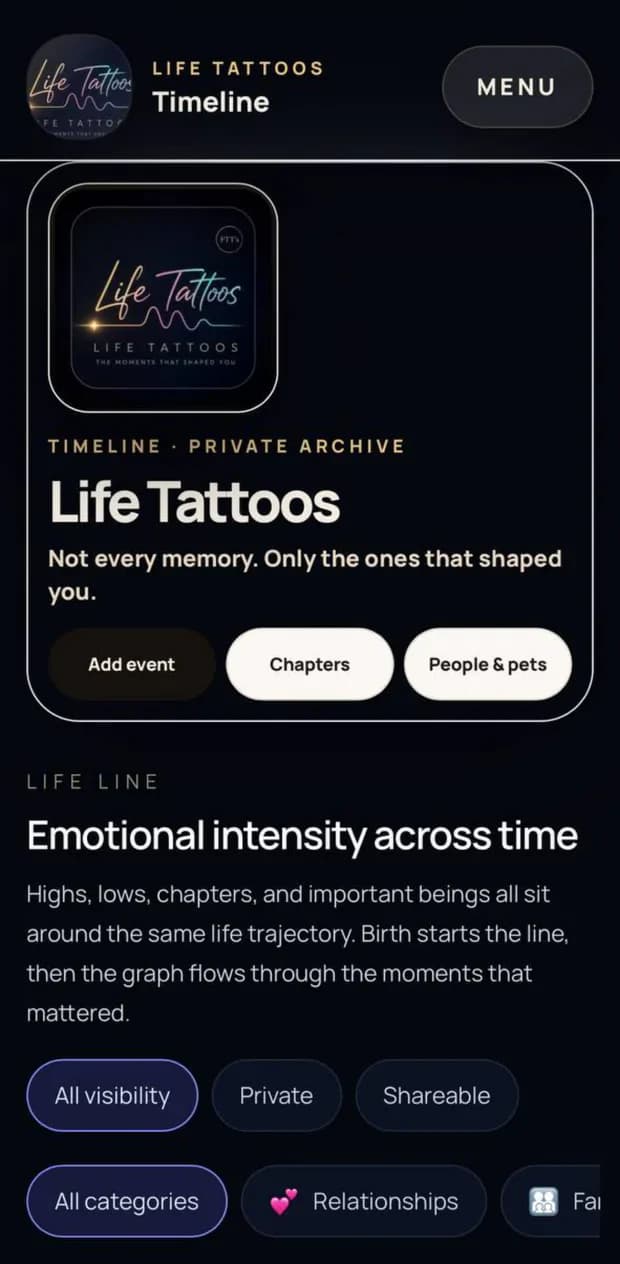 Life Tattoos timeline home with actions to add an event, chapters, and people and pets